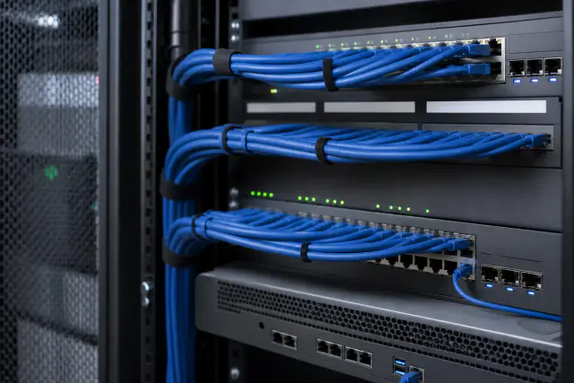 Professionell verkabelte Netzwerkkomponenten in einem Netzwerkschrank